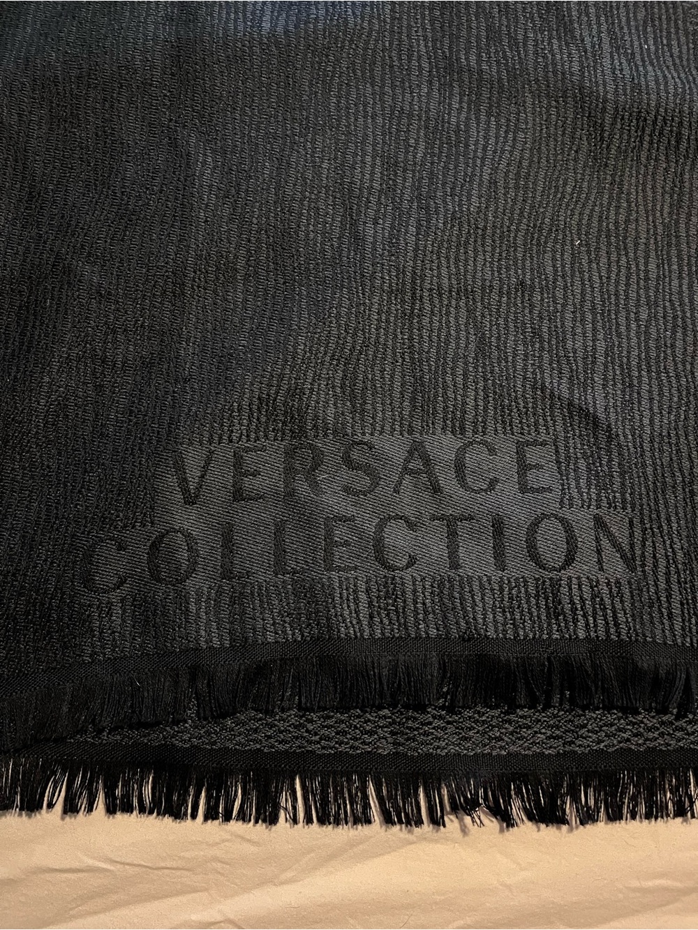 Versace Collection Black Fringed Logo Scarf